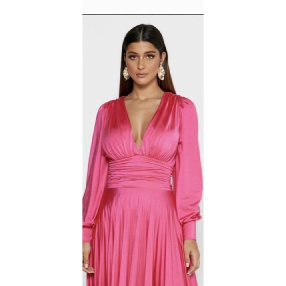 DELFI Collective Pink Long Sleeve‎ V Neck Pleated Midi Dress, Party Cocktail